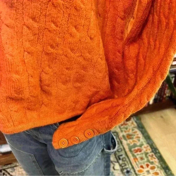 Talbots Cardigan Orange Merino Wool Cable Pattern Sweater Petite Medium - Picture 7 of 15
